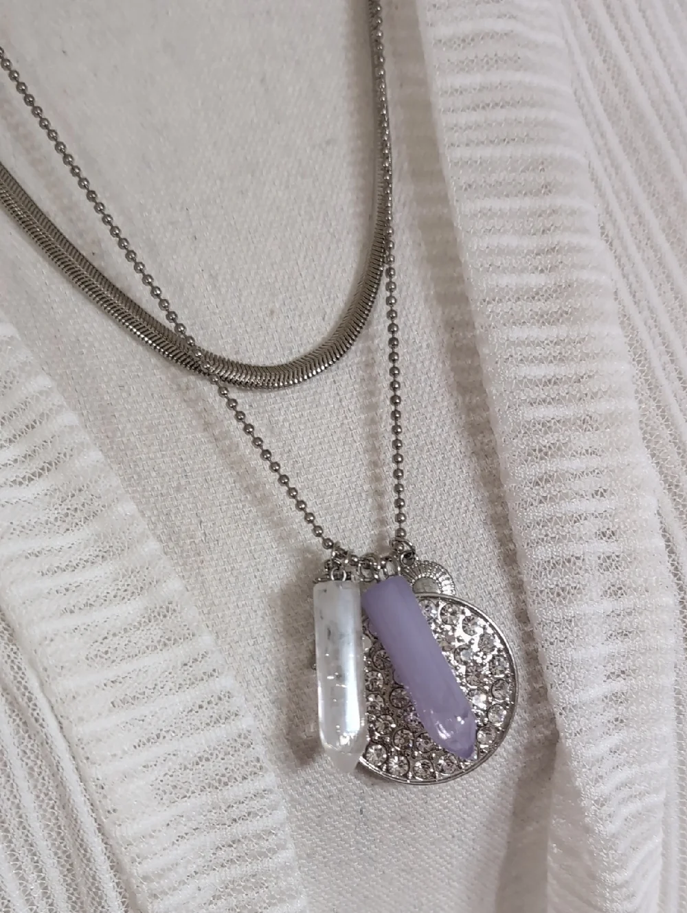 ASHLEY STEWART Silver & Lavender Double Strand Sparkly Charm Necklace NWT